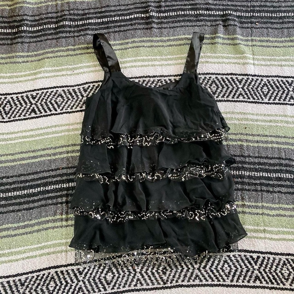 vintage y2k/90s black tank top with tiered ruffles and silver sequins